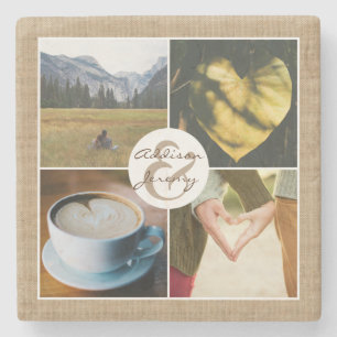 Posavasos De Piedra Rejilla de fotos personalizada Rustic Burlap en In