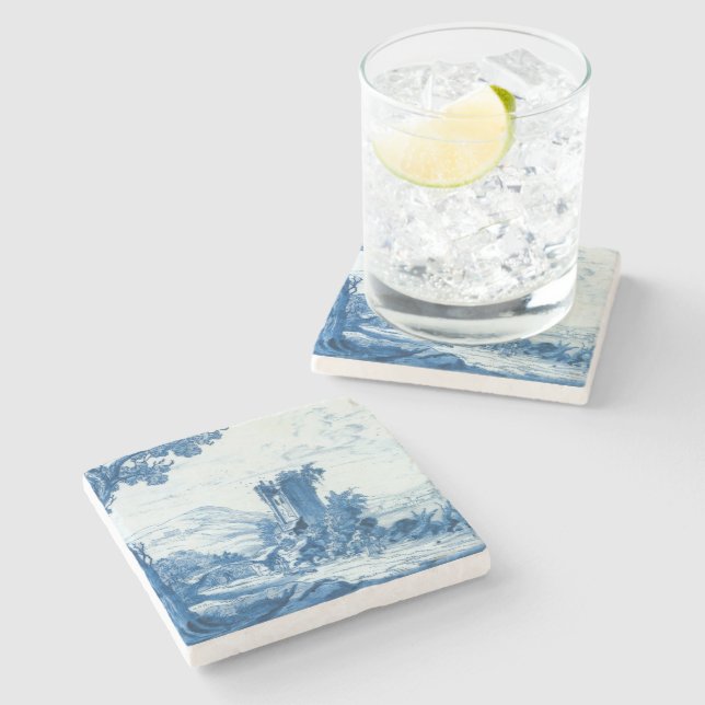Posavasos De Piedra Repro Delft Blue and White Tile River Scene (Lateral)