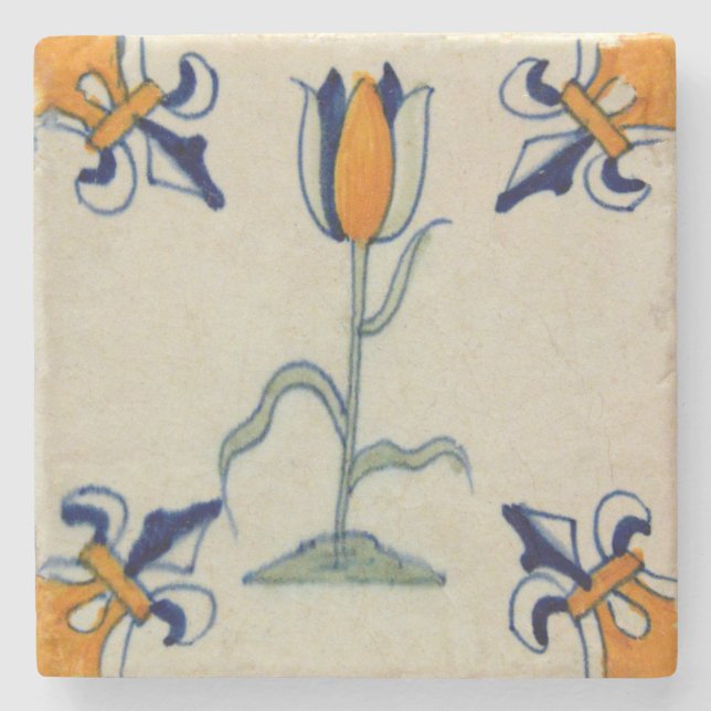 Posavasos De Piedra Repro Tile Tradicional De Tulipán Amarillo Delft (Anverso)