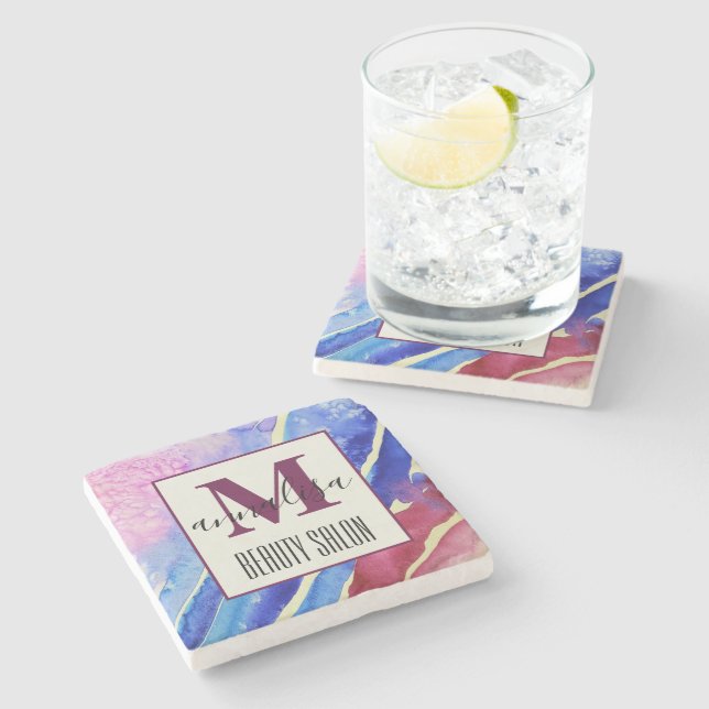 Posavasos De Piedra Resumen Salón de belleza rosa azul artístico Monog (Lateral)