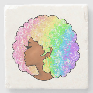 Posavasos De Piedra Retrato Afro Arcoíris Pastel Groovy Retro Rizado