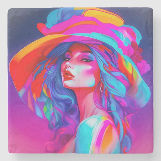 Posavasos De Piedra Retrato de arte pop neón (Anverso)