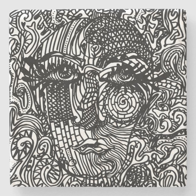 Posavasos De Piedra Retrato de la línea trippy en blanco y negro (Anverso)