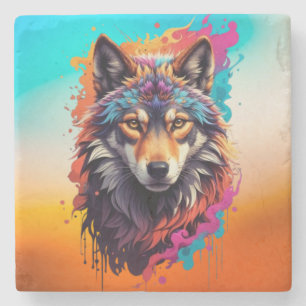 Posavasos De Piedra Retrato de Lobo Colorido Arte de Animal Abstracto-