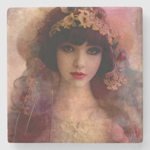 Posavasos De Piedra Retrato de mujer hermosa de color rosa al estilo v