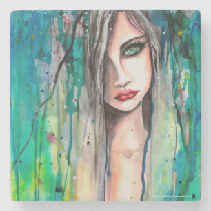 Posavasos De Piedra Retrato de mujer moderna en acuarela de arte fantá