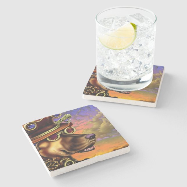 Posavasos De Piedra Retrato de perro de arte digital Steampunk (Lateral)