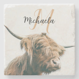 Posavasos De Piedra Retrato de vaca de Highland nombre personalizado m
