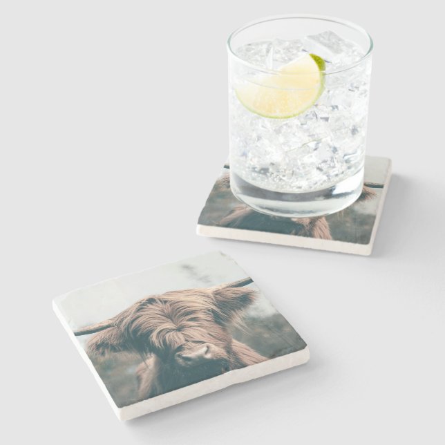 Posavasos De Piedra Retrato de vaca Highland (Lateral)
