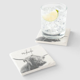 Posavasos De Piedra Retrato de vaca Highland monograma inicial blanco