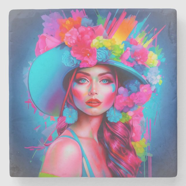 Posavasos De Piedra Retrato floral de Neon Fantasy (Anverso)