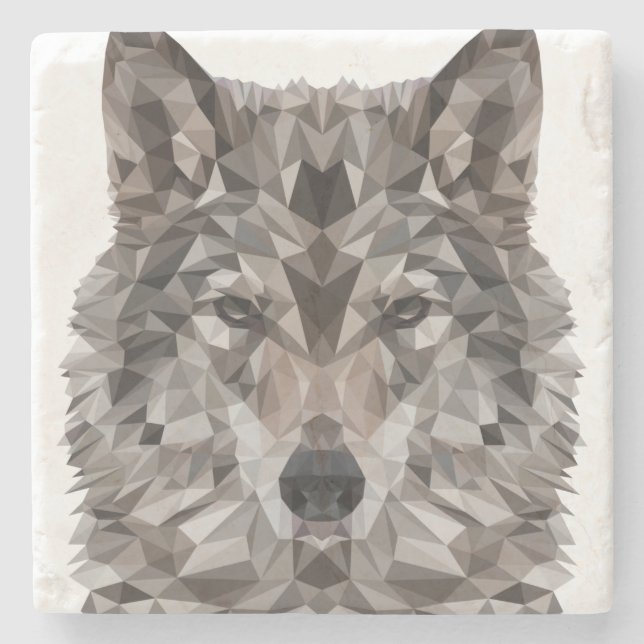 Posavasos De Piedra Retrato geométrico de lobo gris (Anverso)