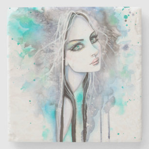 Posavasos De Piedra Retrato moderno de niña arte gótico acuarela