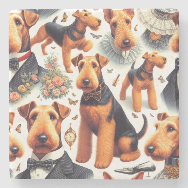 Posavasos De Piedra Retro Airedale Terrier Seamless (Anverso)