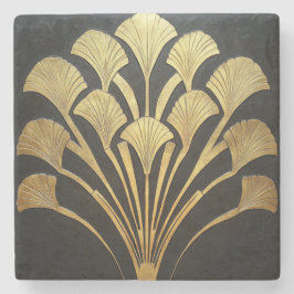 Posavasos De Piedra Retro Art Deco Black Gold Hieroglyphic Plant