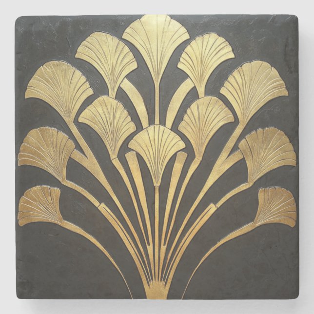 Posavasos De Piedra Retro Art Deco Black Gold Hieroglyphic Plant (Anverso)