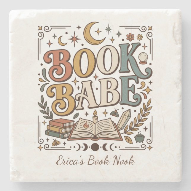 Posavasos De Piedra Retro Book Babe Mística Celestial Bruja Librera (Anverso)