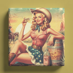 Posavasos De Piedra Retro Cute Cowgirl