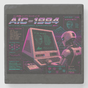 Posavasos De Piedra Retro Futurista Robot Informático AI Vaporwave Neo