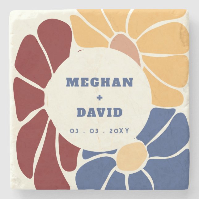 Posavasos De Piedra Retro Groovy Boho Moda Boda Floral (Anverso)