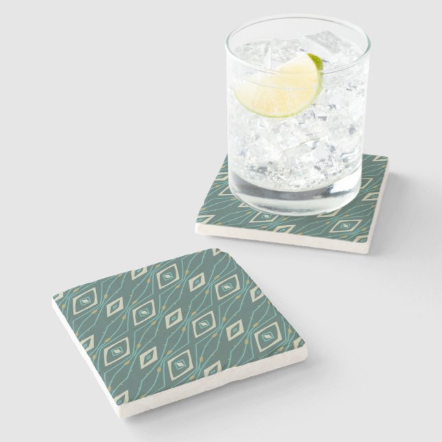Posavasos De Piedra Retro Midcentury Style Teal Geometric Abstract (Lateral)