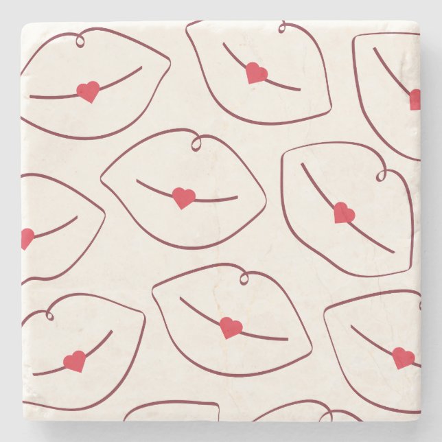 Posavasos De Piedra Retro Minimalist Line Art Lips Cherry Red (Anverso)