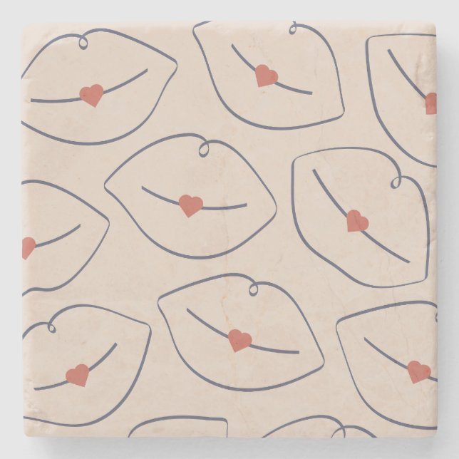 Posavasos De Piedra Retro Minimalist Line Art Lips Terracotta Red (Anverso)