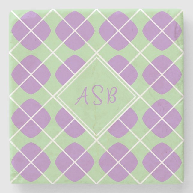 Posavasos De Piedra Retro Modern Purple Green Argyle Monogram (Anverso)
