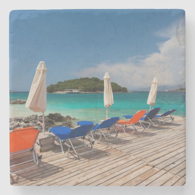 Posavasos De Piedra Riviera albanesa, Ksamil, ciudad frente a la playa (Anverso)