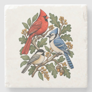 Posavasos De Piedra Robledal con tres pájaros cantores de patio traser
