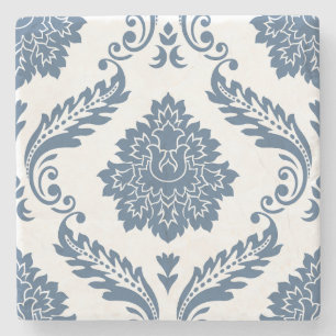 Posavasos De Piedra Rococo Damask Patrón Grande Azul sobre Blanco