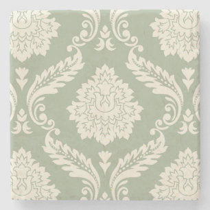 Posavasos De Piedra Rococo Damask Patrón Grande Crema sobre Verde