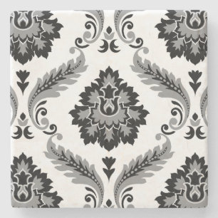 Posavasos De Piedra Rococó Damask Patrón Grande Gris Negro Blanco