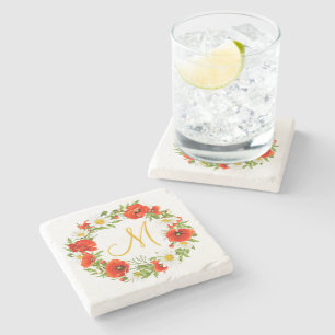 Posavasos De Piedra Rojo Poppies White Yellow Daisies Flor Wreath