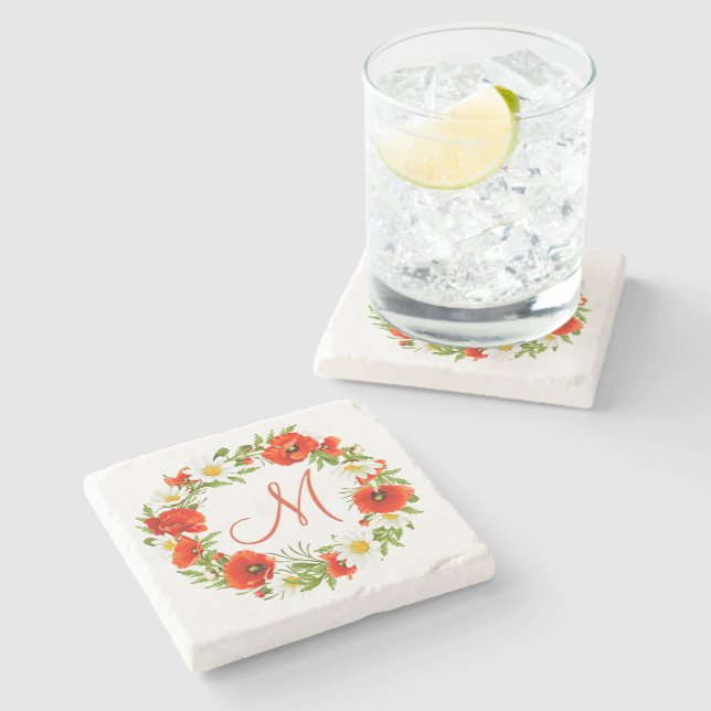 Posavasos De Piedra Rojo Poppies White Yellow Daisies Flor Wreath (Lateral)