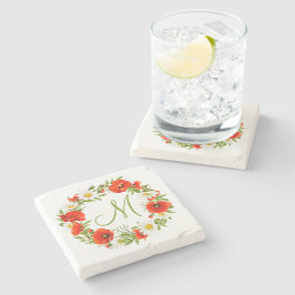 Posavasos De Piedra Rojo Poppies White Yellow Daisies Flor Wreath