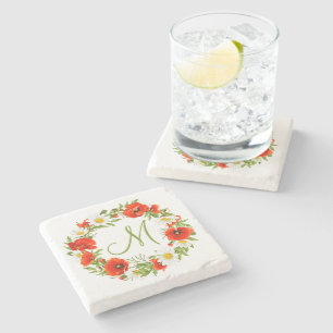 Posavasos De Piedra Rojo Poppies White Yellow Daisies Flor Wreath