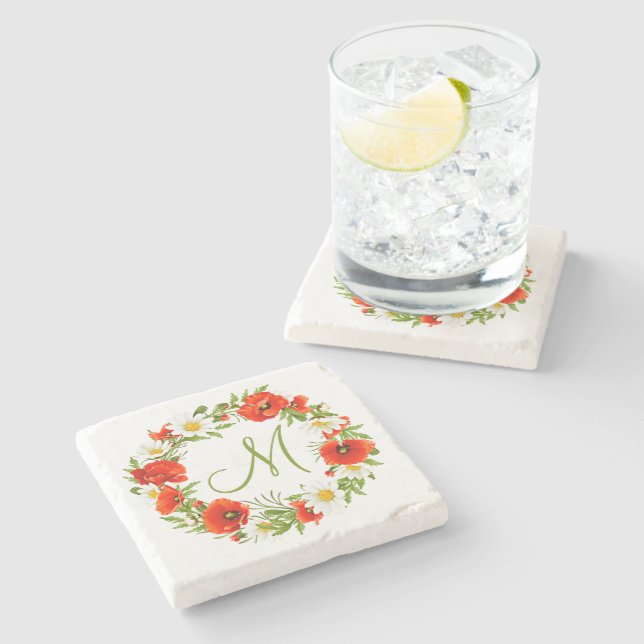 Posavasos De Piedra Rojo Poppies White Yellow Daisies Flor Wreath (Lateral)