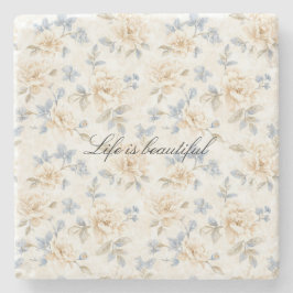 Posavasos De Piedra Romantic Cream Floral Blue Leaves