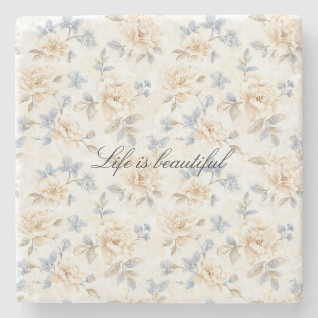 Posavasos De Piedra Romantic Cream Floral Blue Leaves (Anverso)