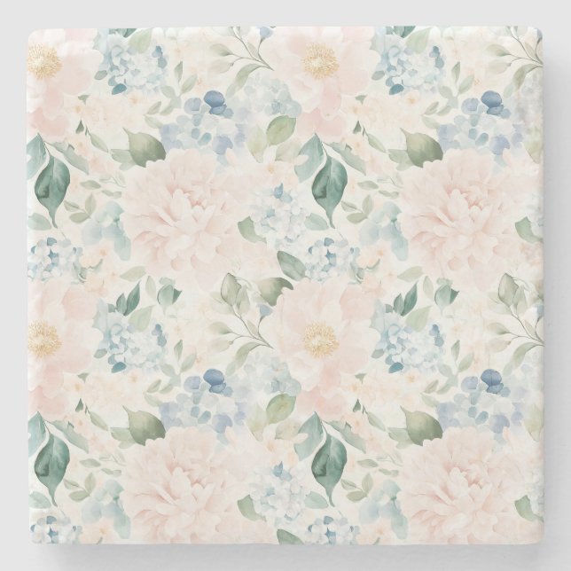 Posavasos De Piedra Romantic Pale Blue Blush Pink Flowers (Anverso)