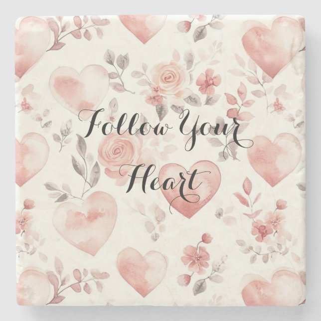 Posavasos De Piedra Romantic Pink Hearts Roses Floral (Anverso)