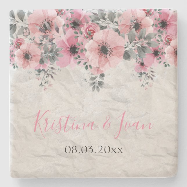 Posavasos De Piedra Romántico elegante Boda floral antiguo (Anverso)