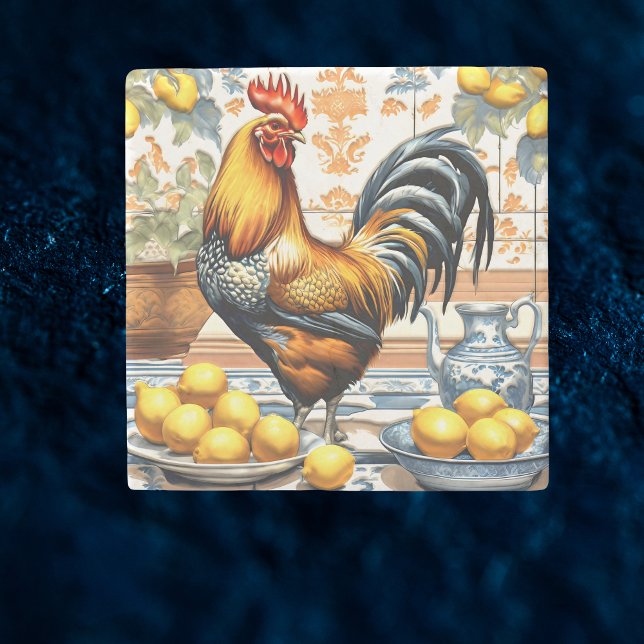 Posavasos De Piedra Rooster and Lemons Azulejo Style Blue Orange Cream (Subido por el creador)