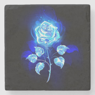 Posavasos De Piedra Rosa azul en llamas