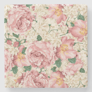 Posavasos De Piedra Rosa de Jardín Vintage y Patrón de Flores de Hidra