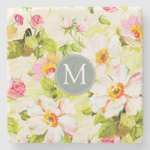 Posavasos De Piedra Rosa floral vintage Peonies Monograma Monograma