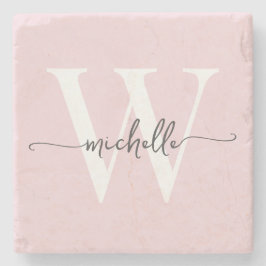 Posavasos De Piedra Rosa moderno con nombre de monograma personalizado