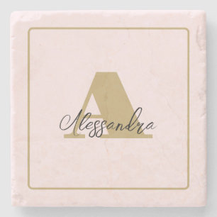 Posavasos De Piedra Rosa Pastel Inicial Dorada Personalizada Nombre Ne