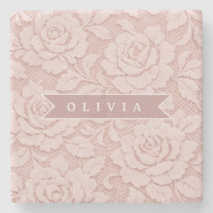 Posavasos De Piedra Rosa personalizado de encaje floral romántico